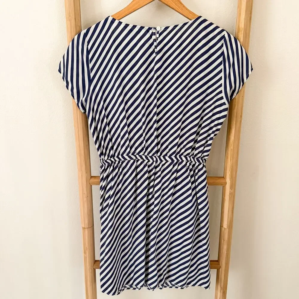 J.Crew Blue White Stripe Shift Dress Womens Size 2 Pleated Short Sleeve